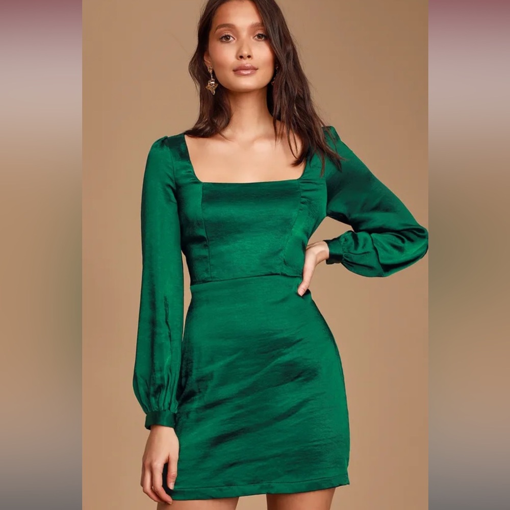 Lulu’s Got The Love Emerald Green Satin Square-Neck Mini Dress
